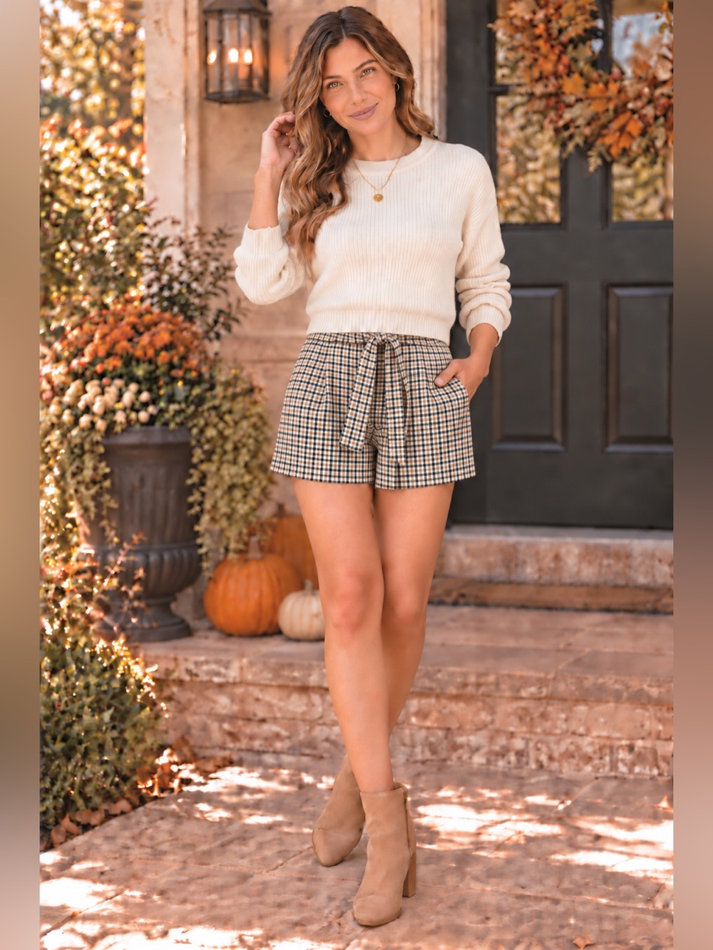 Divided H&M Gingham Check Paperbag High Waist Shorts in Black, White & Brown, 2